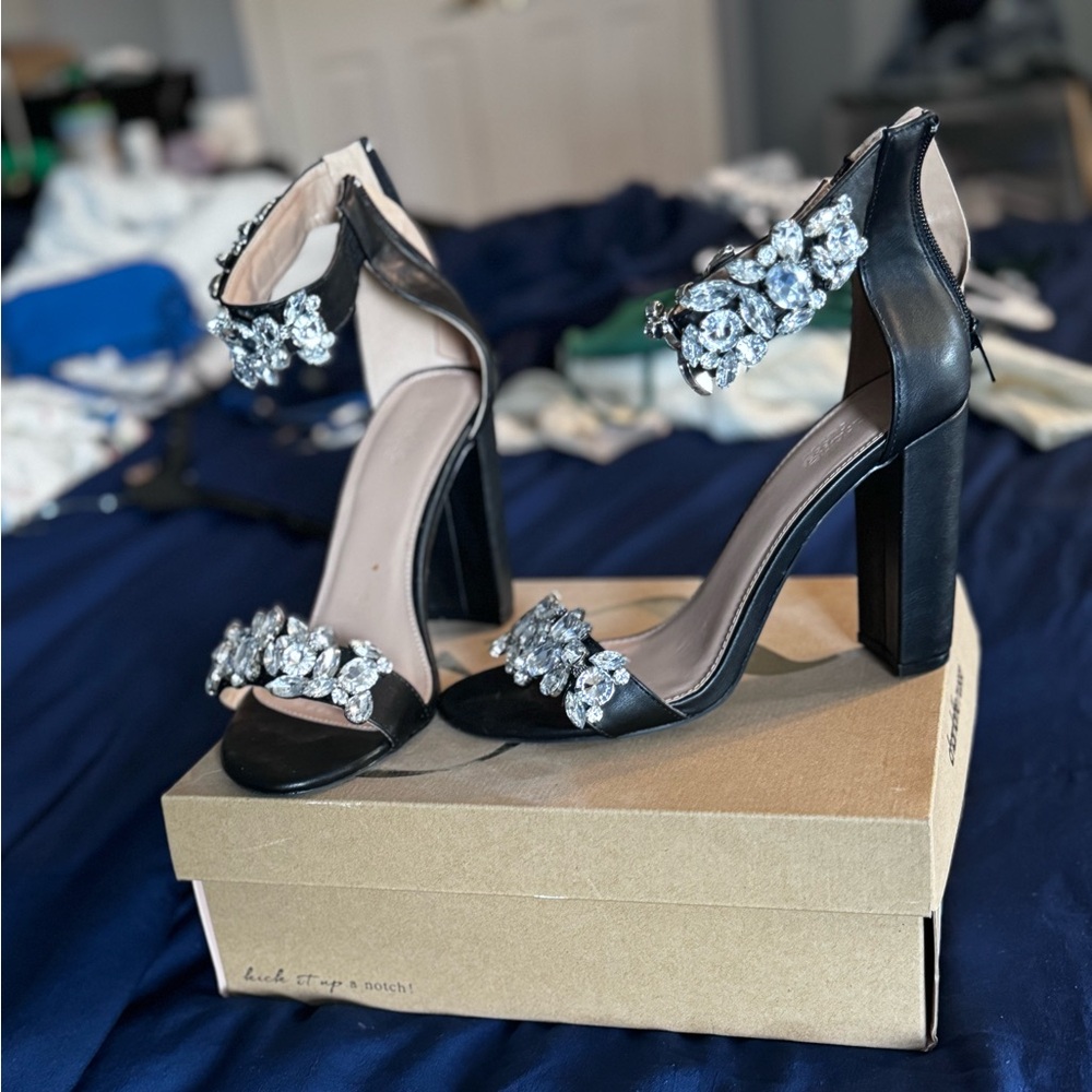 Bejeweled Black Chunky Heeled Sandals